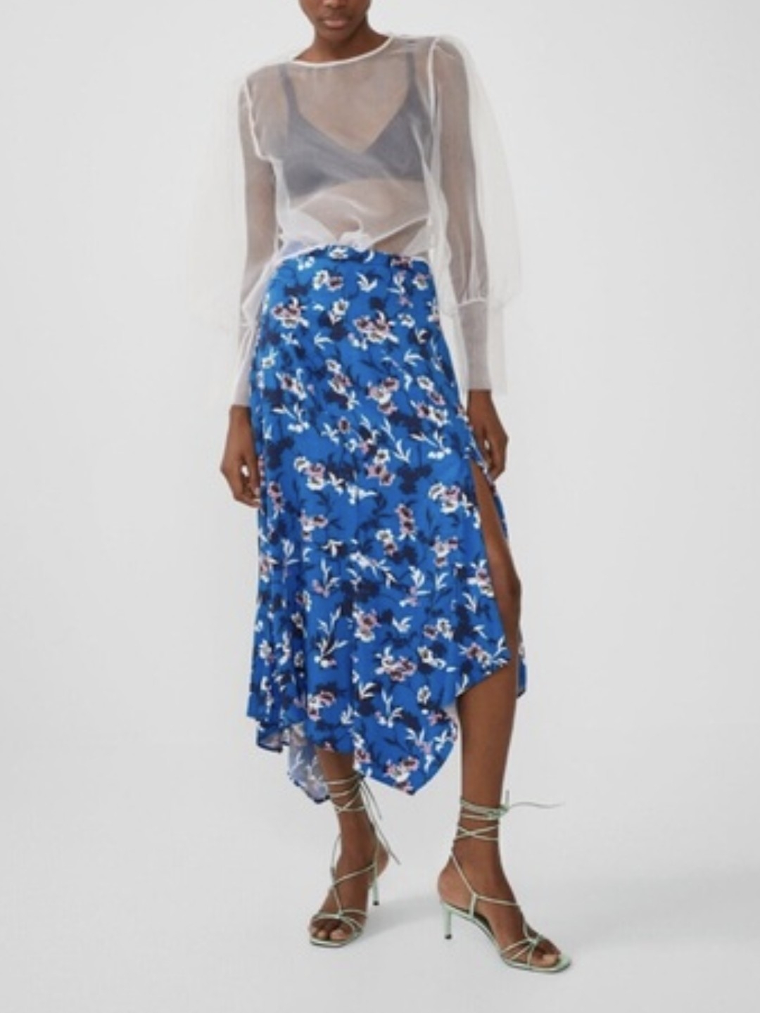 Nwot Zara Blue Floral Asymmetrical Hem Skirt Hamptons Weekend Handkerchief Hem